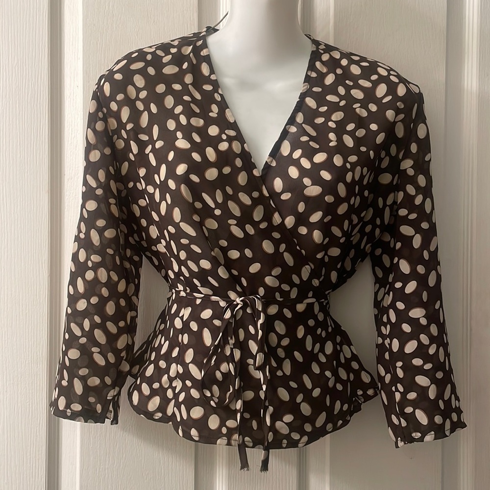 The Limited Brown and Cream long sleeve polka dot wrap around blouse size medium